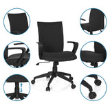 Home Office kontorstol SOFT i sort med detaljevisninger af armlæn, gasfjeder og hjul fra hjh OFFICE