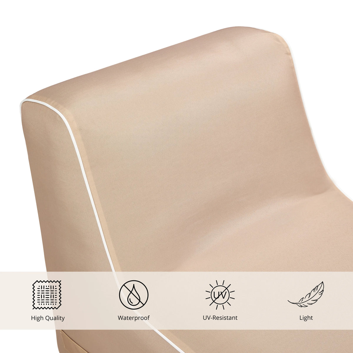 Beige materialedetalje af den Oppustelige Sofa Sitzolo Air med symboler for vandafvisning og UV-bestandighed fra hjh LIVING