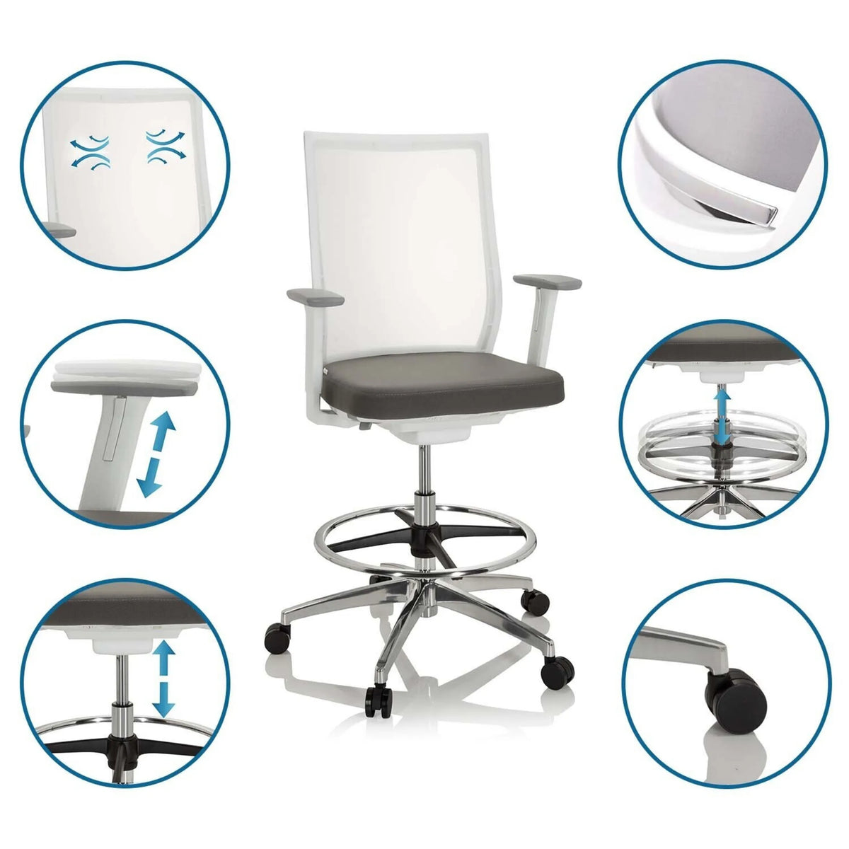 Grå Diskstol ASPEN WORK W med fodring, hjul og åndbar rygstøtte fra hjh OFFICE