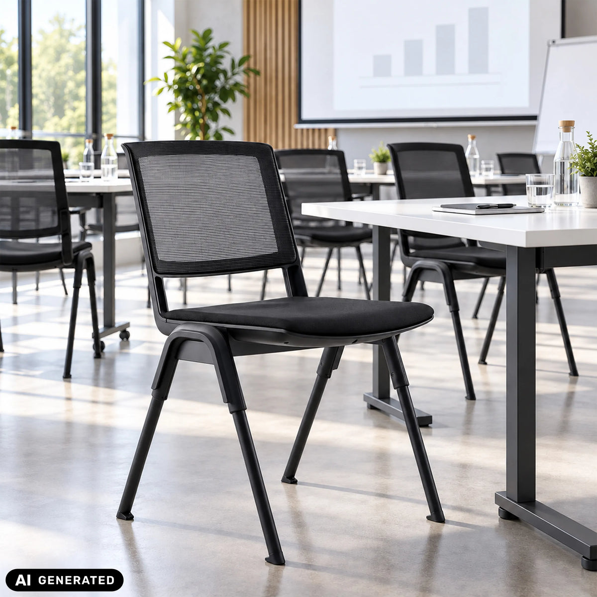 Gæstestol MEET WA i sort med netryglæn i et mødelokale fra hjh OFFICE (AI-genereret billede)