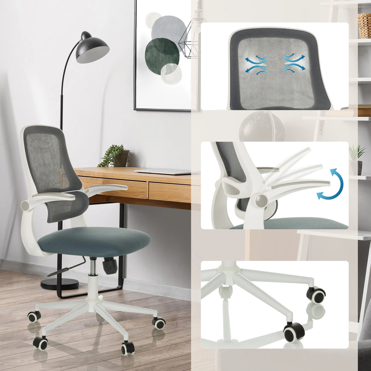 Home Office kontorstol MIKO W ECO i grå med åndbart netryglæn, justerbare armlæn og hjul fra hjh OFFICE