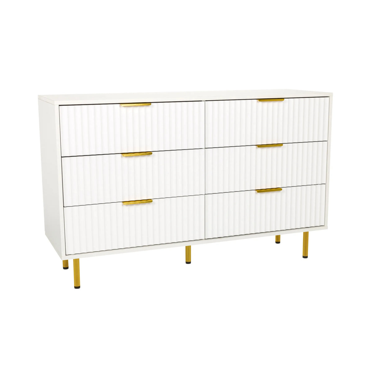 Weißes Sideboard HJELLE mit sechs Schubladen, geriffelten Fronten und goldenen Beinen von hjh LIVING – 360-Grad-Ansicht (Frontansicht 15°)
