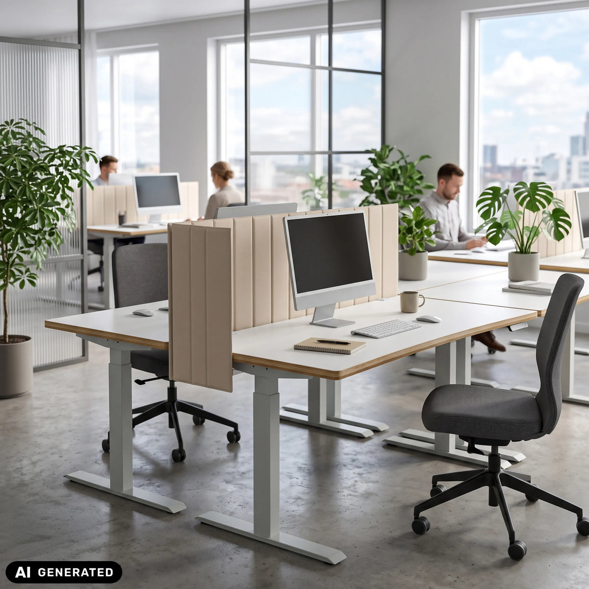 Beige FLEXMIUT ROLL bordopdelere med en bredde på 160 cm på et hvidt skrivebord fra hjh OFFICE