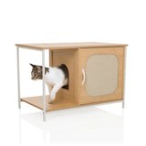 Kattehus KITTYHOME 1 i bøg og hvid med en rund åbning og en låge med greb fra hjh LIVING