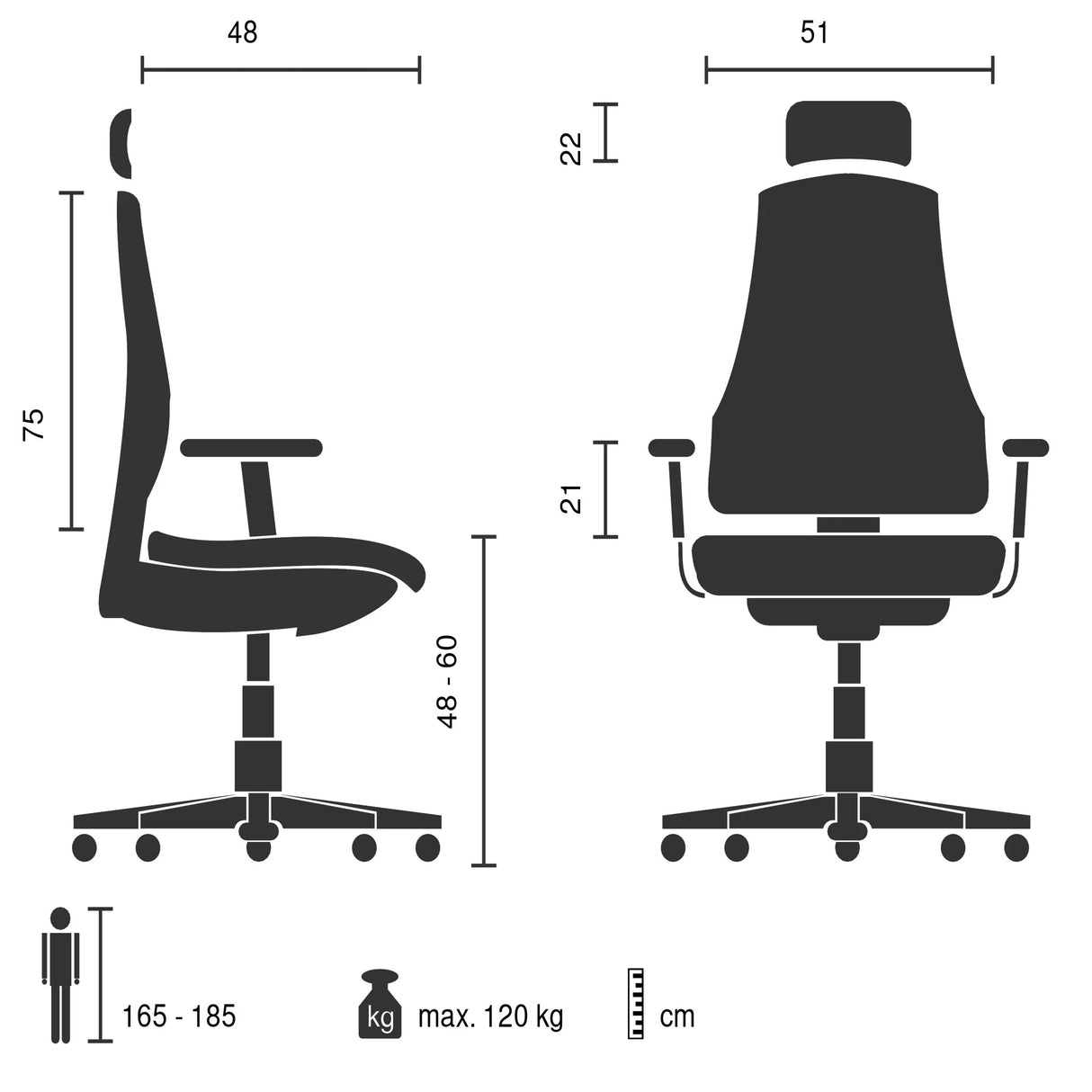 Teknisk tegning af Home Office chefstol Relax Legoro med en maksimal belastning på 120 kg fra MyBuero