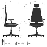 Teknisk tegning af Home Office chefstol Relax Legoro med en maksimal belastning på 120 kg fra MyBuero