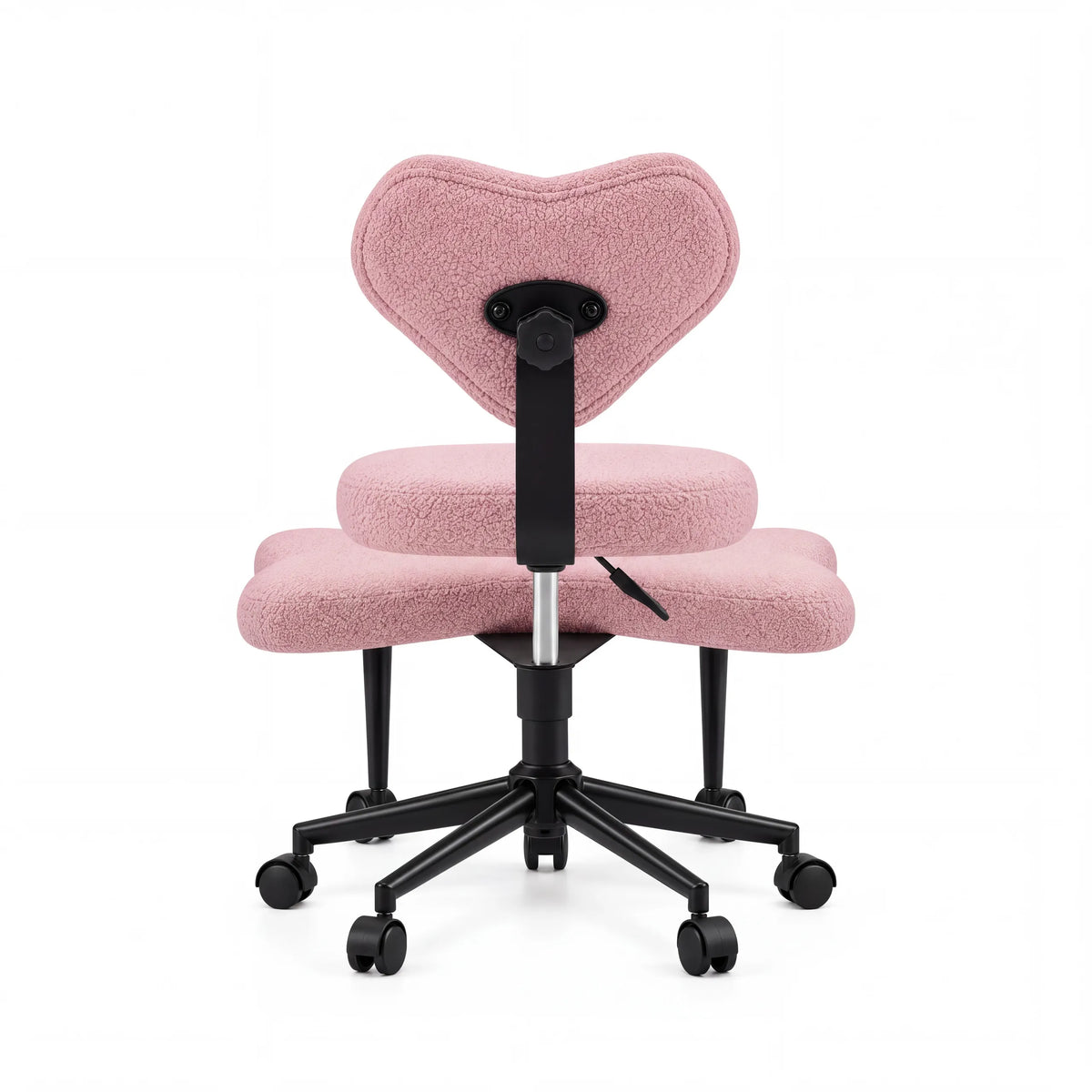 Rückansicht des rosa Meditationsstuhls Asanasit mit herzförmiger Rückenlehne und schwarzem Fußkreuz von hjh LIVING