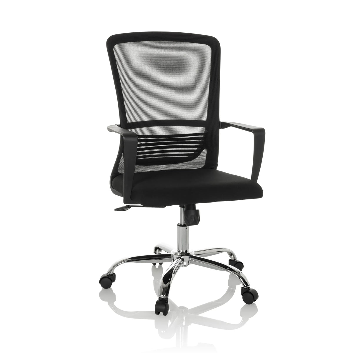 Sort Home Office kontorstol STAR-TEC S med mesh-ryglæn og femhjulet fodkryds fra hjh OFFICE – 360-graders visning (forfra 15°)
