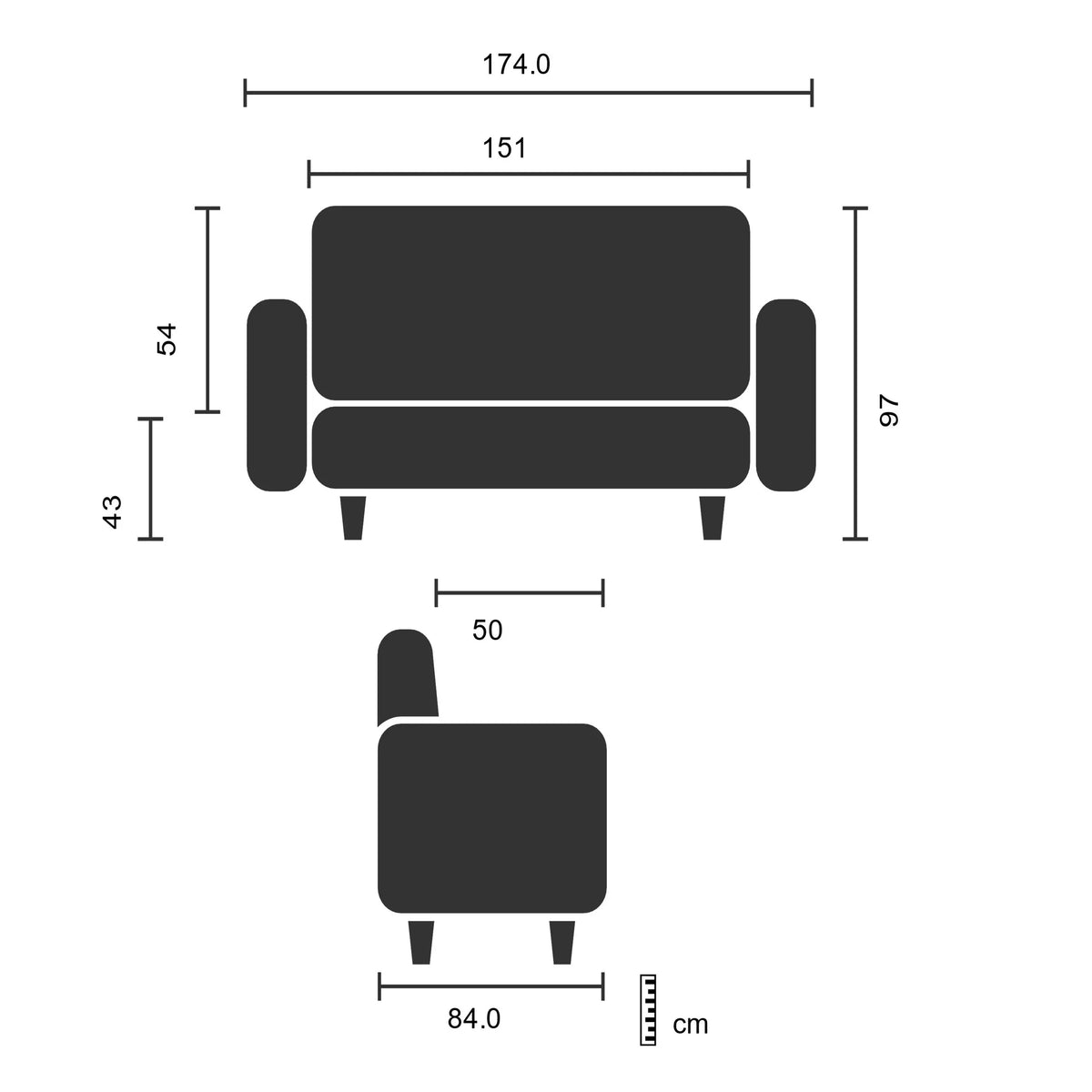Technische Zeichnung des Loungesofas LAGUN mit einer Breite von 174 cm von hjh OFFICE