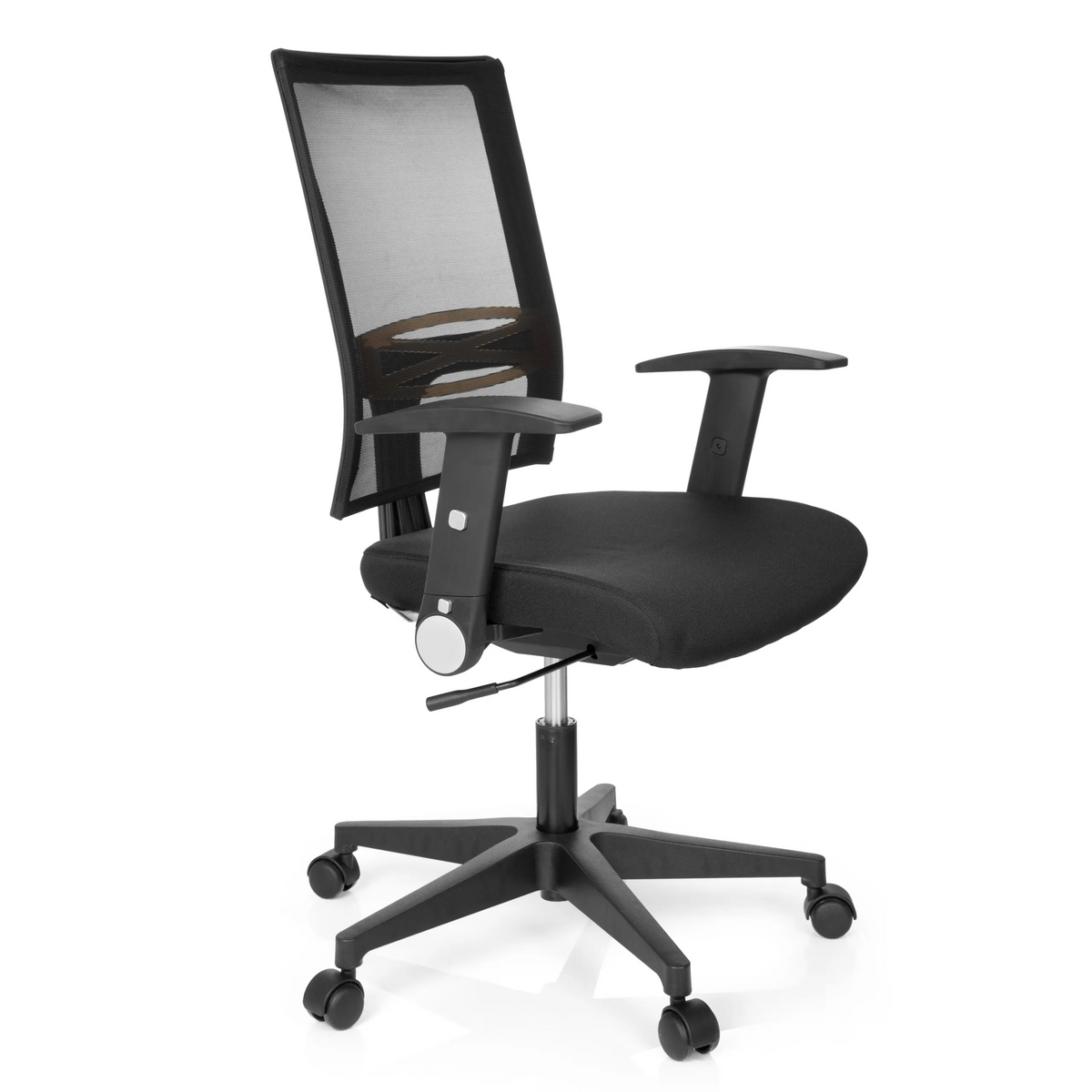 Sort Home Office kontorstol OFFICE R8 med netryg og femhjulet fodkryds fra hjh OFFICE – 360-graders visning (skråt forfra 60°)