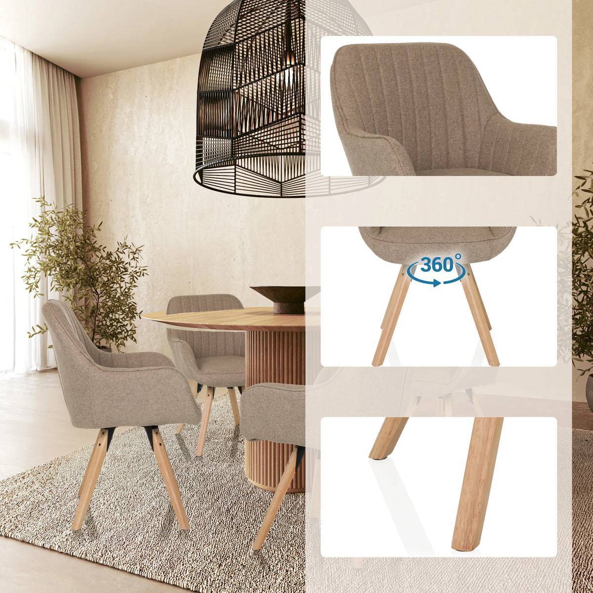 Beige polstret stol SCANDI SOFT med 360-graders drejefunktion og træben fra hjh LIVING