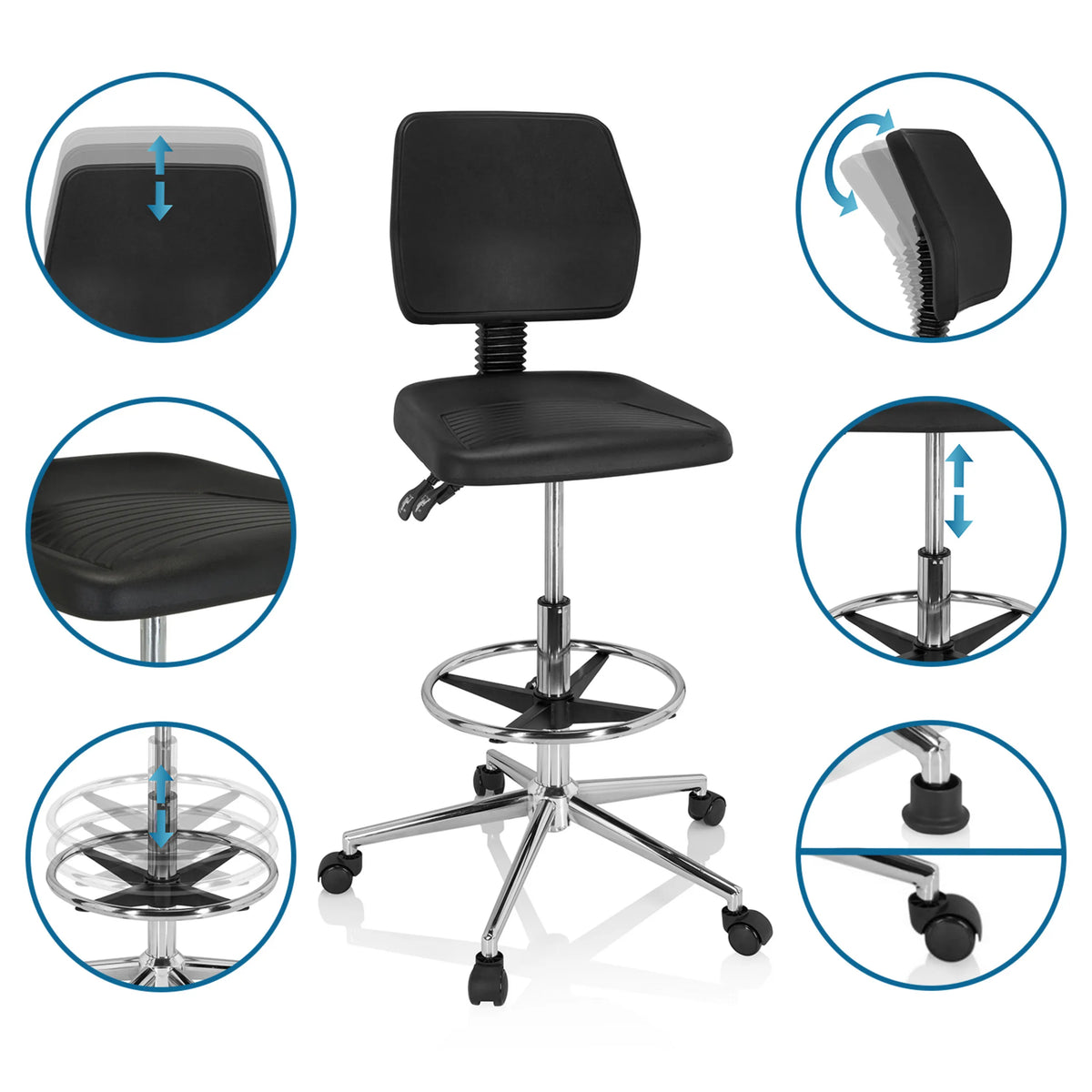 Justerbare funktioner på TOP WORK 11 I diskstol i sort med fodring og hjul fra hjh OFFICE
