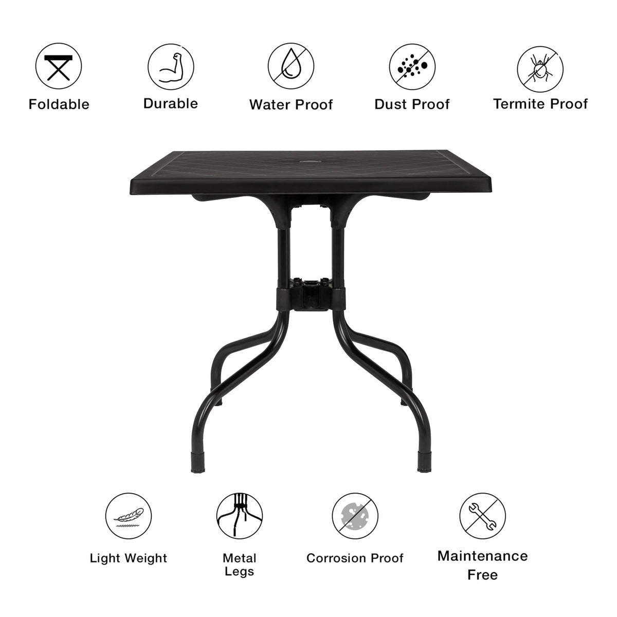 Sort sammenklappeligt bord TRAVANO T1 med metalben og symboler for materialeegenskaber og funktioner fra hjh LIVING
