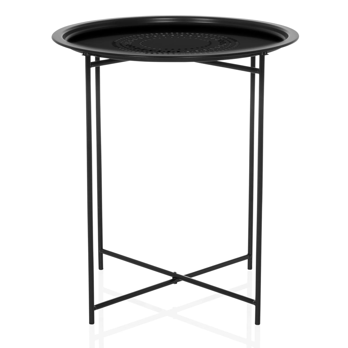 Sort sidebord ALLRUND i metal med rund perforeret plade og krydsfod fra hjh LIVING – 360-graders visning (forfra 0°)