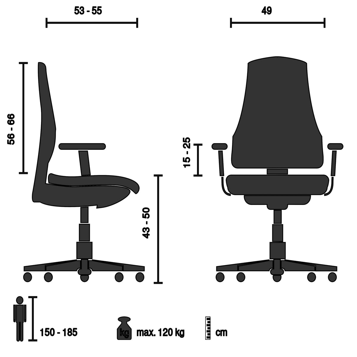 Teknisk tegning af Professionel kontorstol COLORE med en maksimal belastning på 120 kg fra hjh OFFICE
