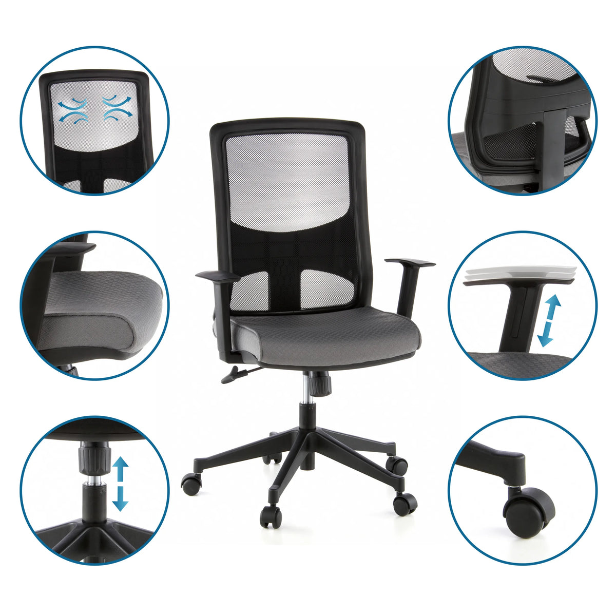 Professionel kontorstol LAVITA i sort og grå med detaljevisninger af ryglæn, sæde og gasfjeder fra hjh OFFICE