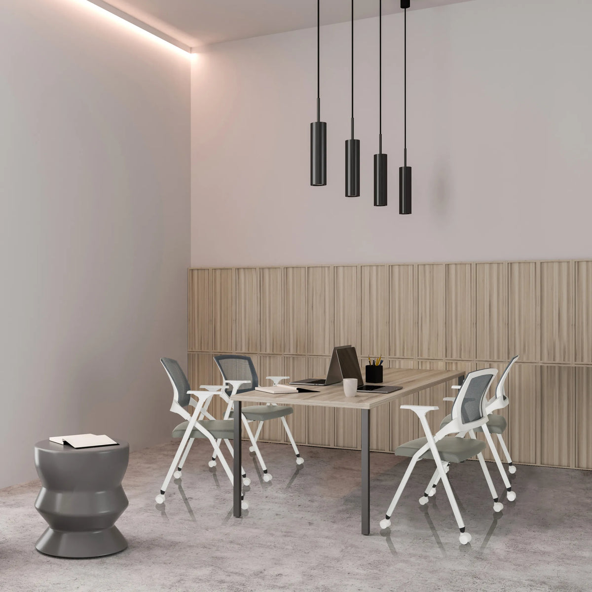 Graue Klappstühle PRIORITY II W PU an einem Besprechungstisch in einem modern gestalteten Raum von hjh OFFICE