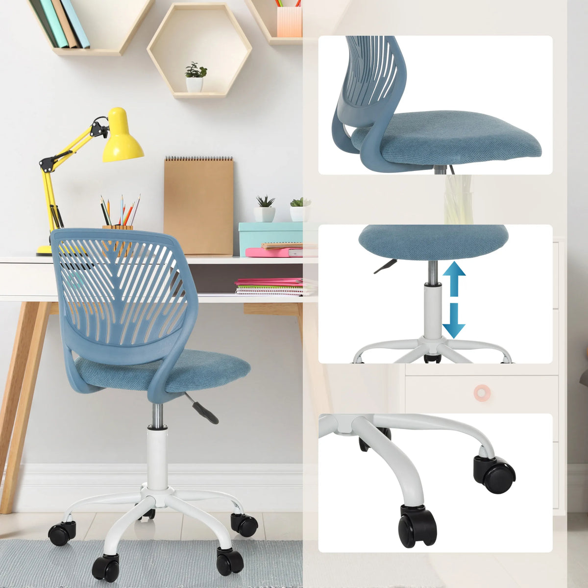 Blå drejestol til børn KID QW med gaslift til højdejustering og hjul på fodkrydset fra hjh OFFICE
