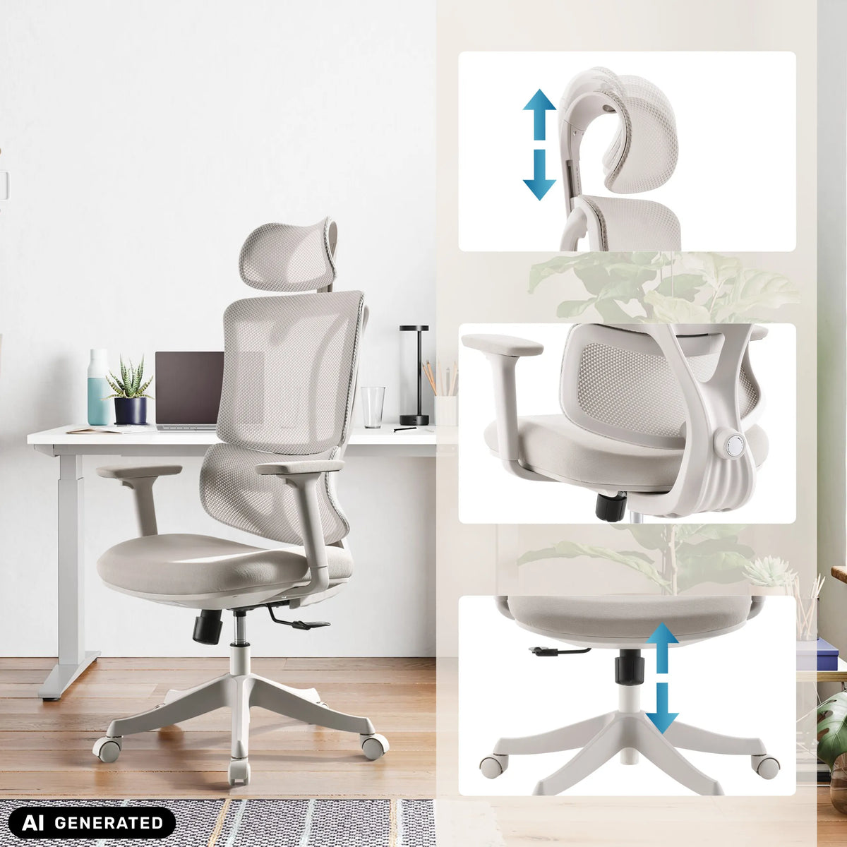 Justerbar nakkestøtte, armlæn og sædehøjde på Ergomy Colore Home Office kontorstol fra MyBuero (AI-genereret billede)