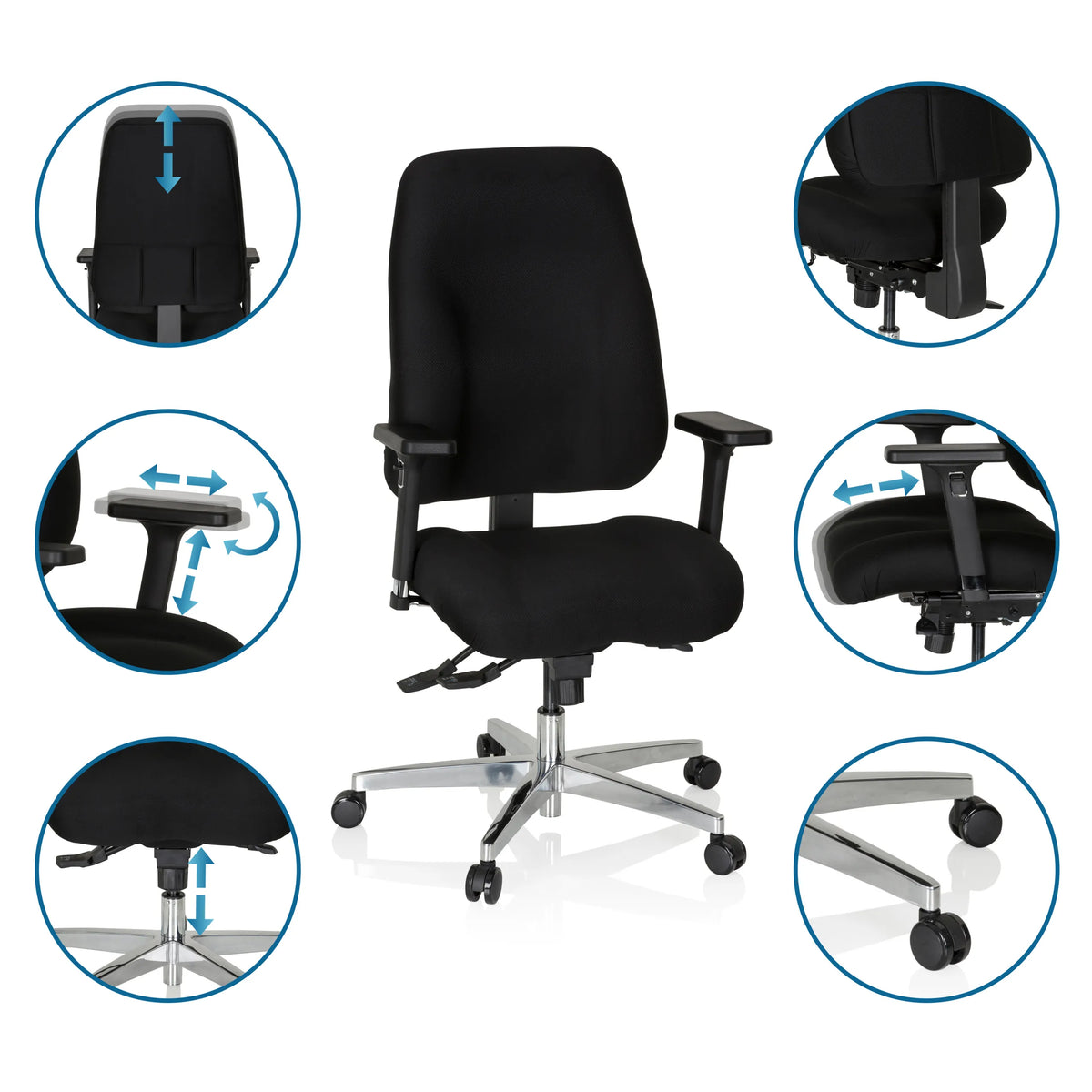 Justerbare funktioner på Professionel kontorstol ZENIT COMFORT i sort med hjul og armlæn fra hjh OFFICE