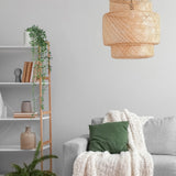 Grøn Kunstige plante EUCALYPTUS CLIMB i en reol ved siden af en grå sofa fra hjh OFFICE