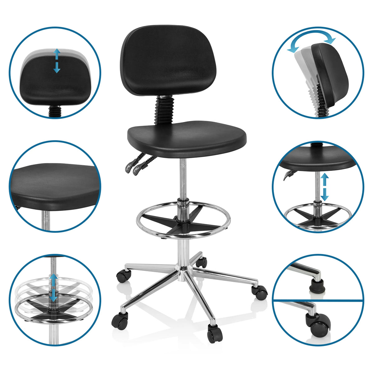 Verstellbare Funktionen des Counterstuhls TOP WORK 24 I in Schwarz mit Fußring und Rollen von hjh OFFICE