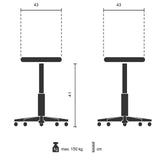 Teknisk tegning af Trinskammel TIO-M II med 43 × 41 cm og max. 150 kg bæreevne fra hjh OFFICE