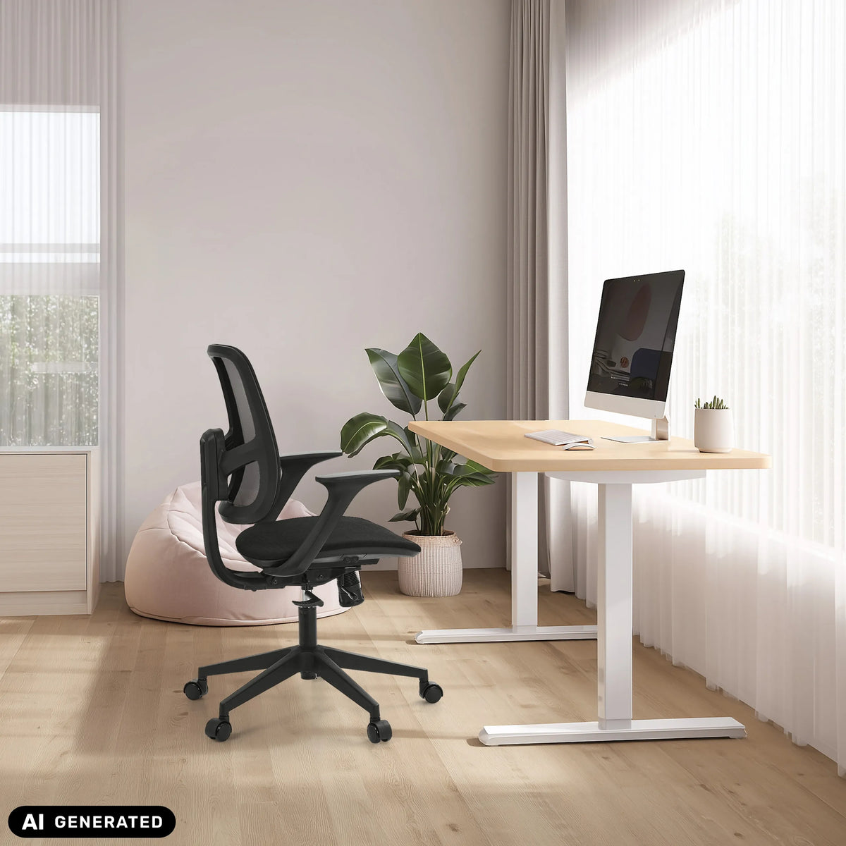 Home Office kontorstol Malio i sort ved et højdejusterbart skrivebord fra hjh OFFICE (AI-genereret billede)