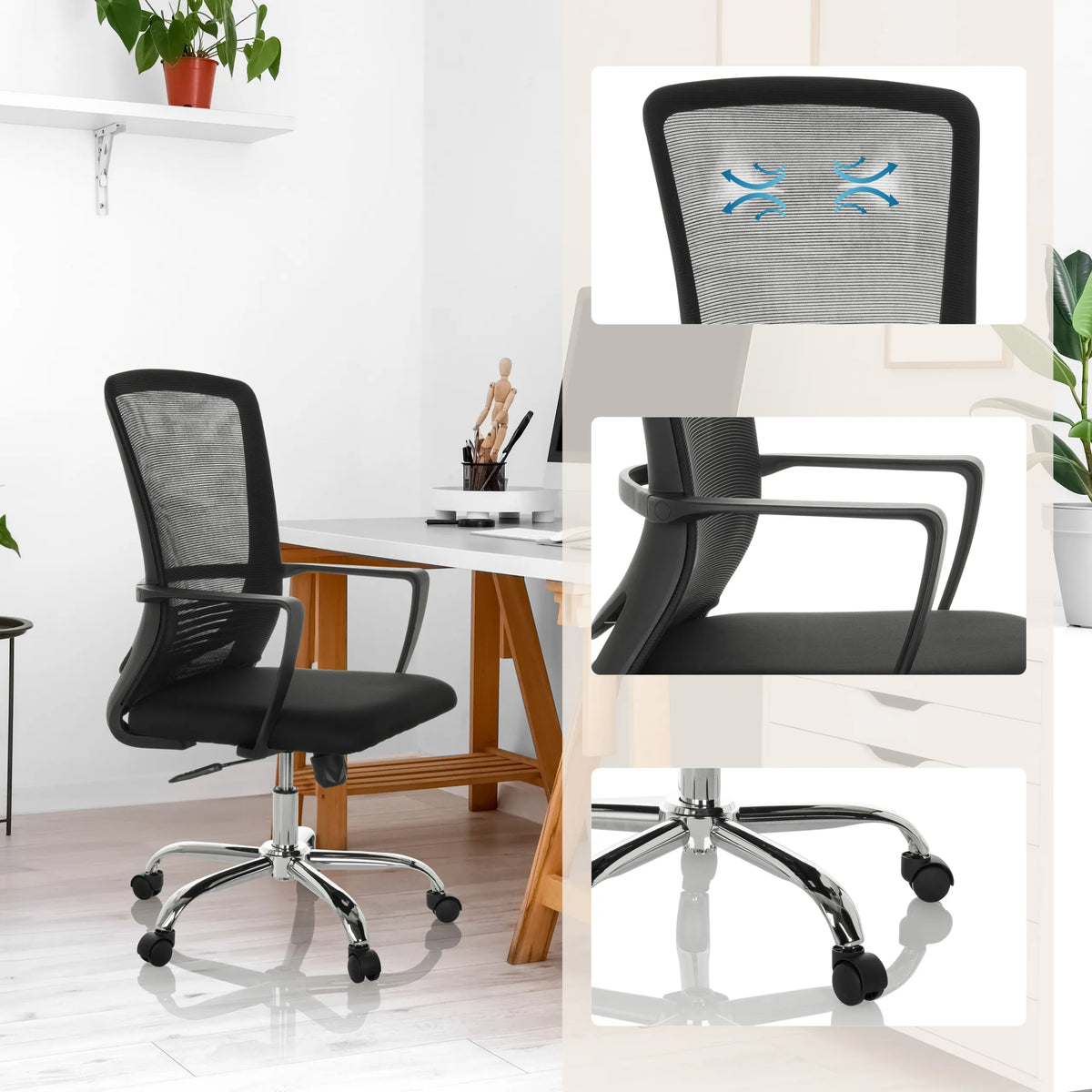 Home Office kontorstol STAR-TEC S i sort med netryg, armlæn og stjernefod fra hjh OFFICE