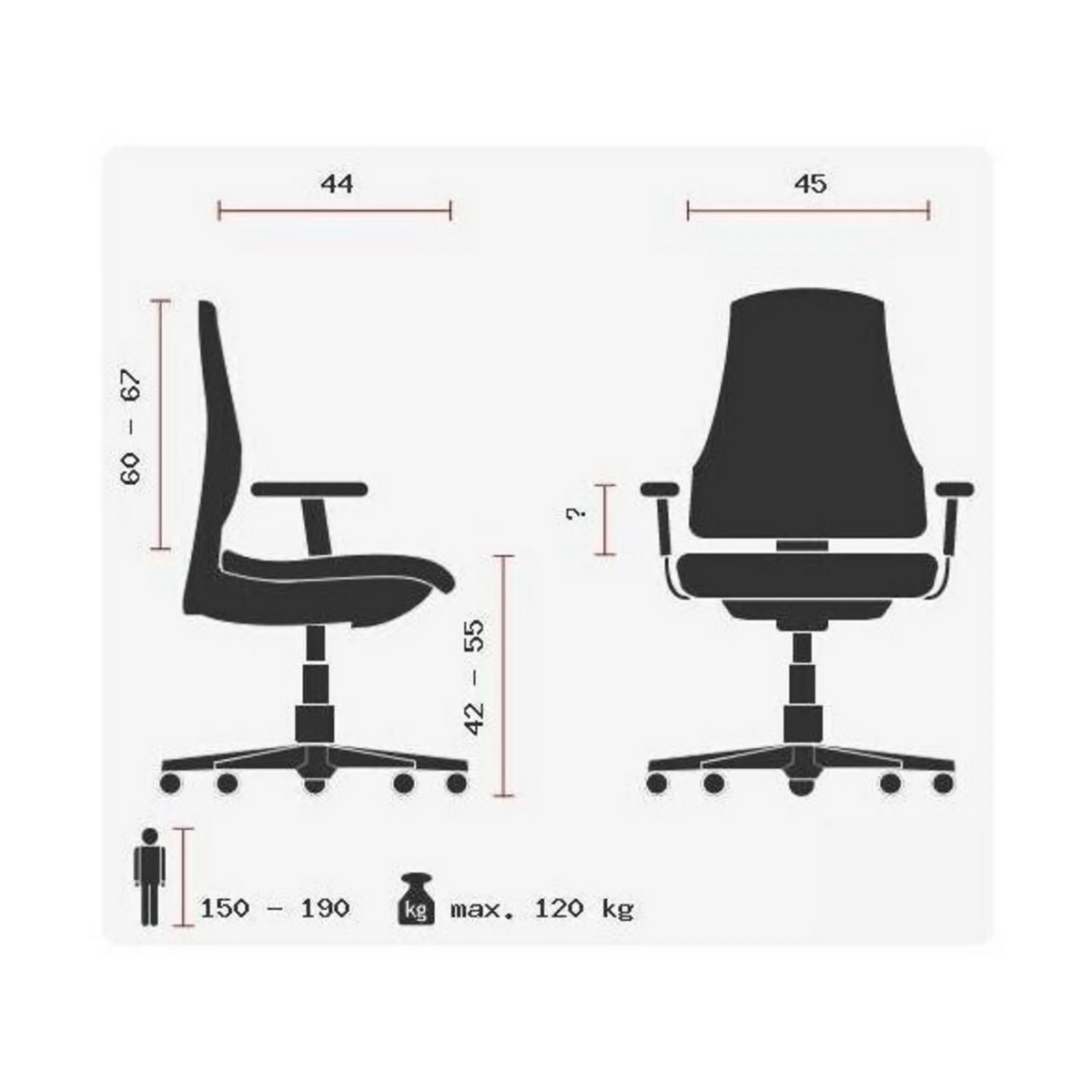 Technische Zeichnung des Profi-Bürostuhls ERGO SYDNEY mit einer Belastbarkeit von max. 120 kg von Topstar