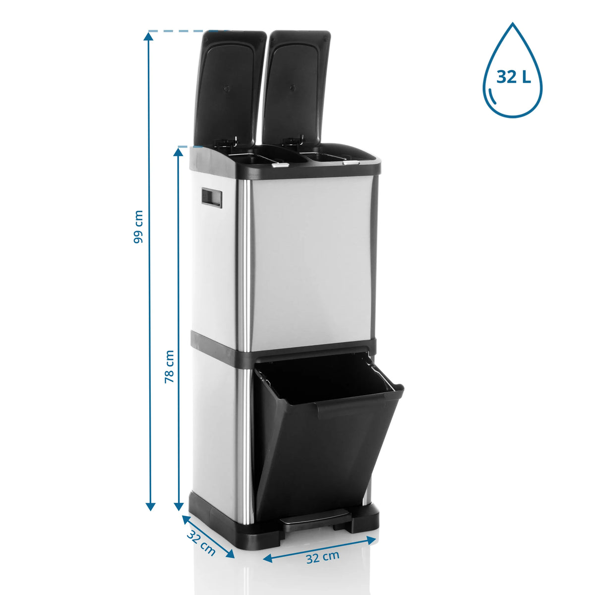 Måltegning af Papirkurv CLEAN VII med en højde på 99 cm og 32 L volumen fra hjh OFFICE