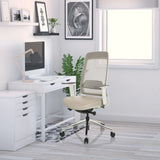 Professionel kontorstol CHIARO T2 WHITE i beige og grå med netryglæn og hjul til hjemmekontoret fra hjh OFFICE