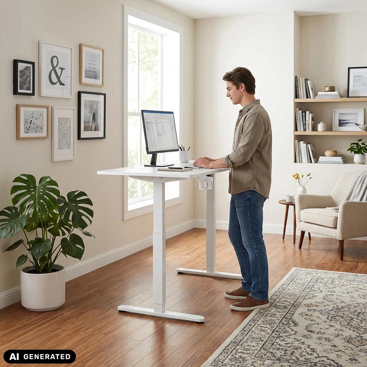 Elektrisk højdejusterbart skrivebord Worktime i hvid fra hjh OFFICE (AI-genereret billede)