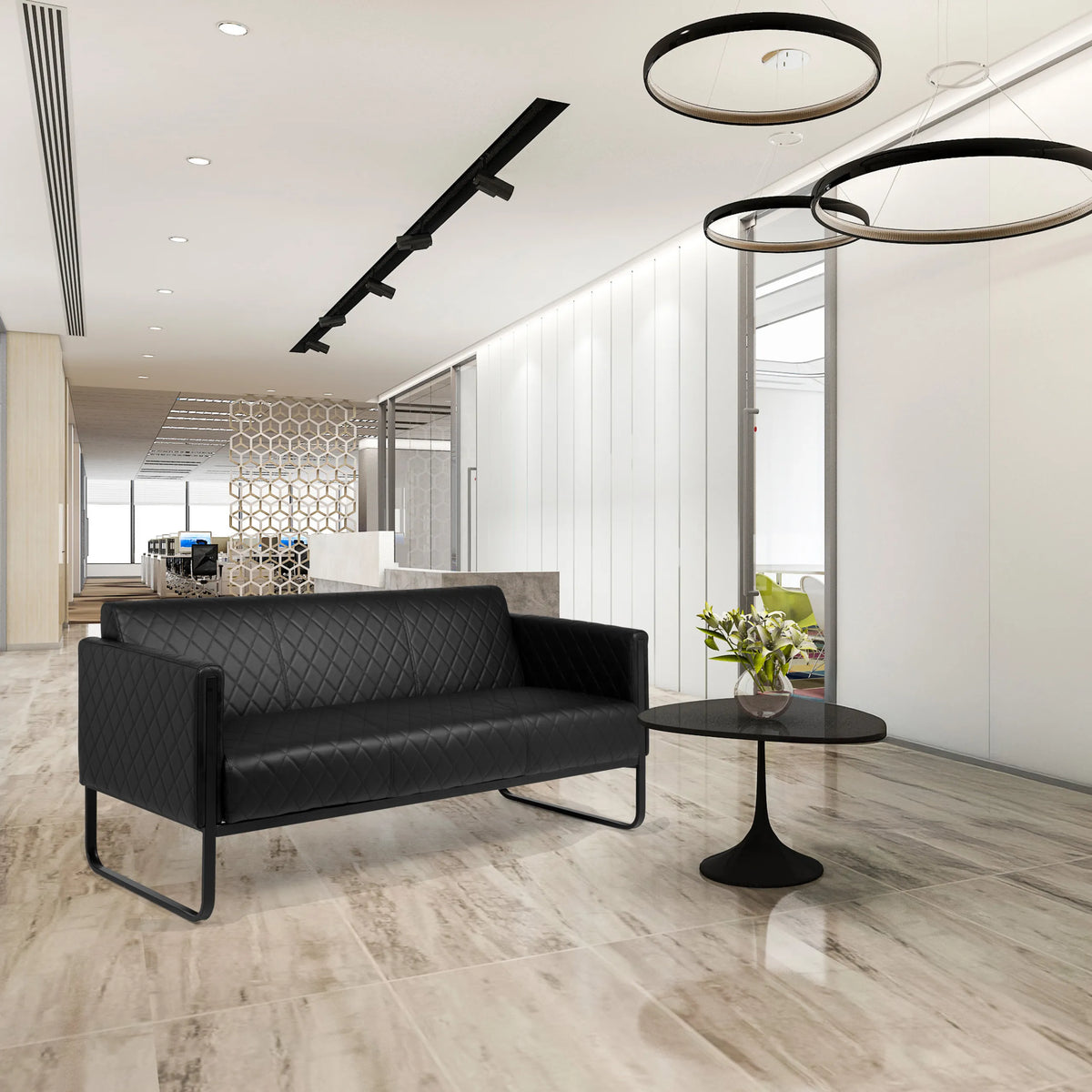 Sort 3-personers loungesofa ARUBA BLACK med quiltet polstring og slanke metalben fra hjh OFFICE