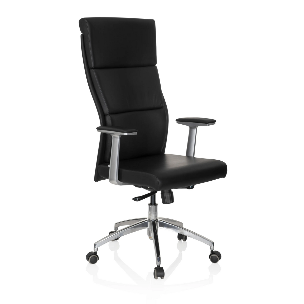 Schwarzer Luxus-Chefsessel MONZA 20 mit Armlehnen und einem Fußkreuz mit fünf Rollen von hjh OFFICE – 360-Grad-Ansicht (schräge Frontansicht 40°)