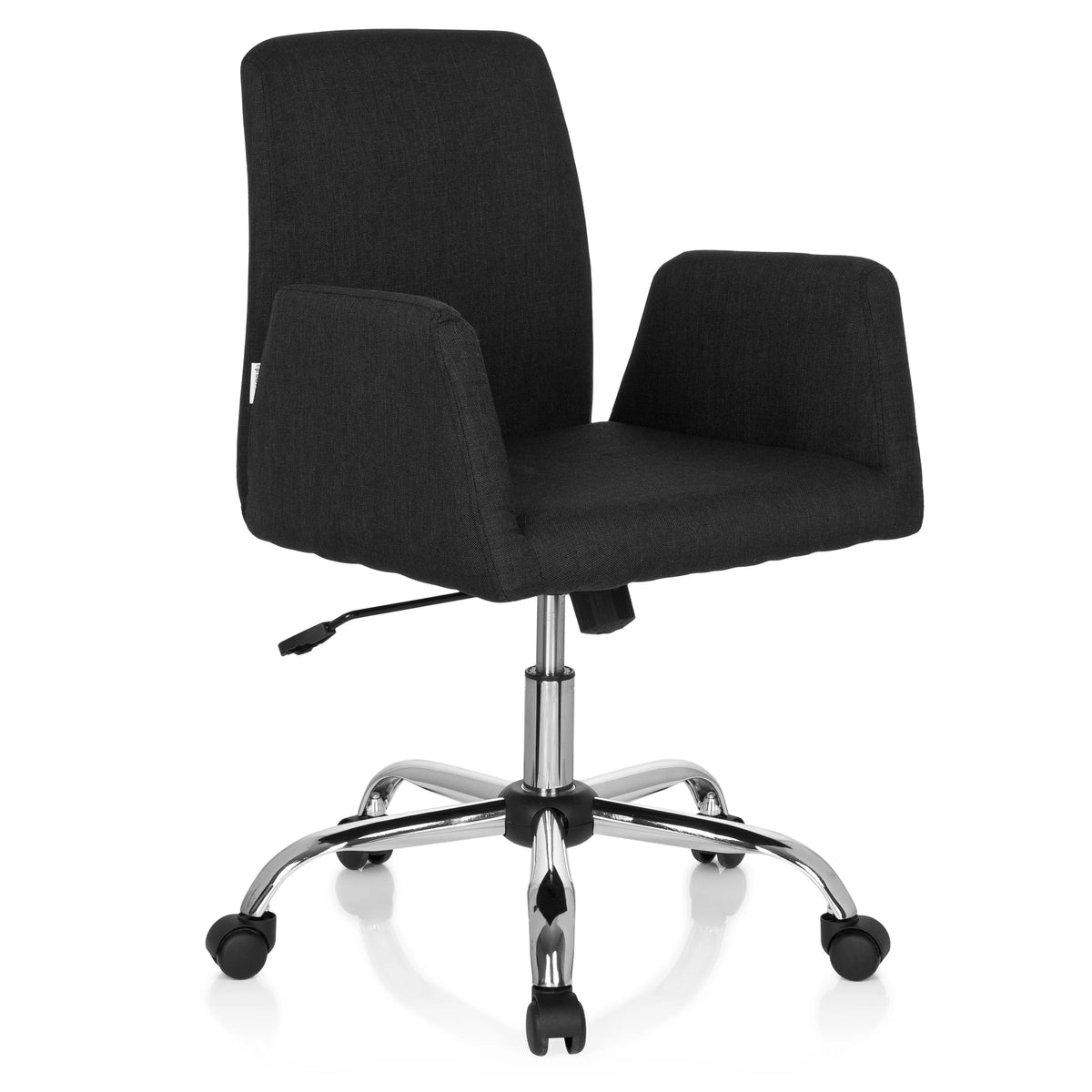 Sort Home Office kontorstol FLOW med armlæn og blankt femstjernet fodkryds med hjul fra hjh OFFICE – 360-graders visning (skråt forfra 40°)