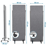 Maßzeichnung der Trennwand FLEXMIUT mit 177 × 60 cm und Rollen von hjh OFFICE