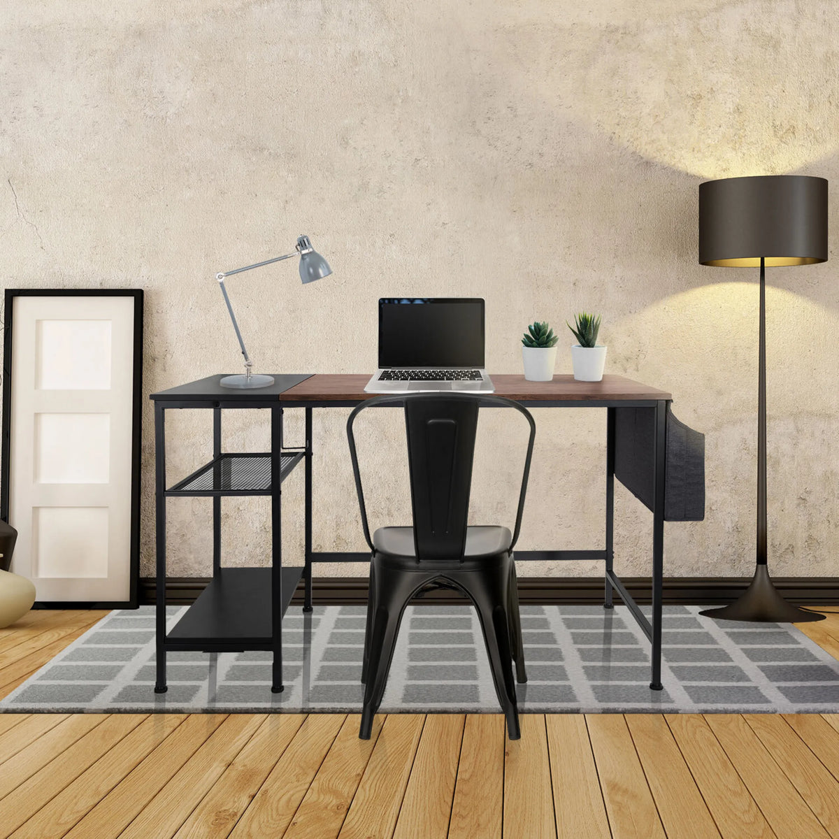 Skrivebord WORKSPACE H I i sort og brun med integreret hylde og opbevaring fra hjh OFFICE
