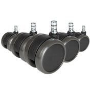 Fem sorte stolehjul 5x ROLO No-Noise 11mm/65mm til hårde gulve med sølvfarvede bolte fra hjh OFFICE