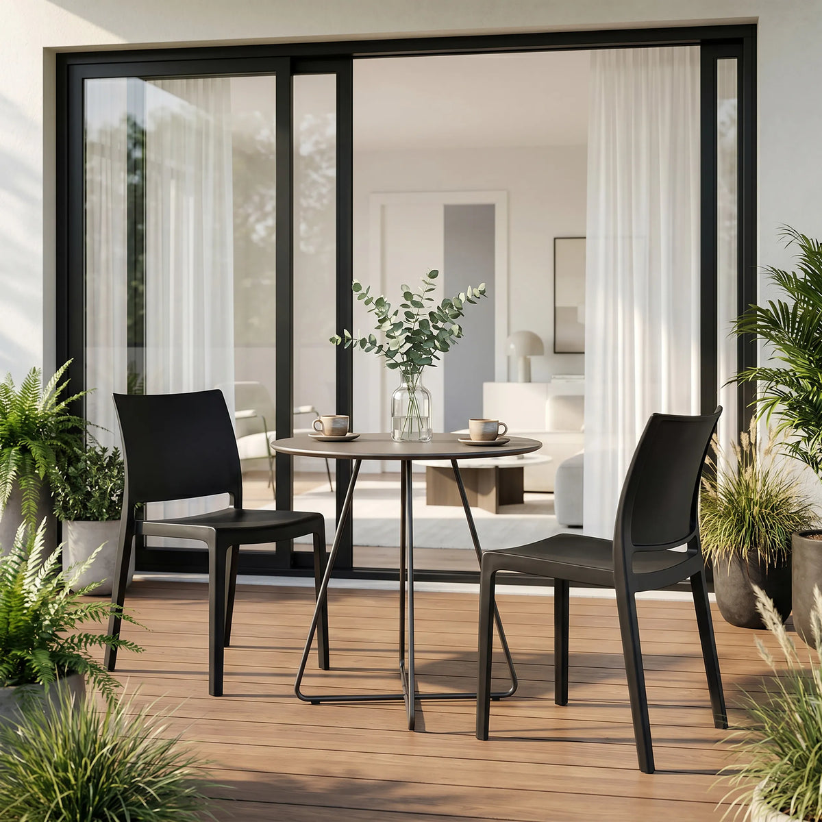 Udendørs stole T37 V 4 i sort ved et rundt havebord på en terrasse fra hjh LIVING