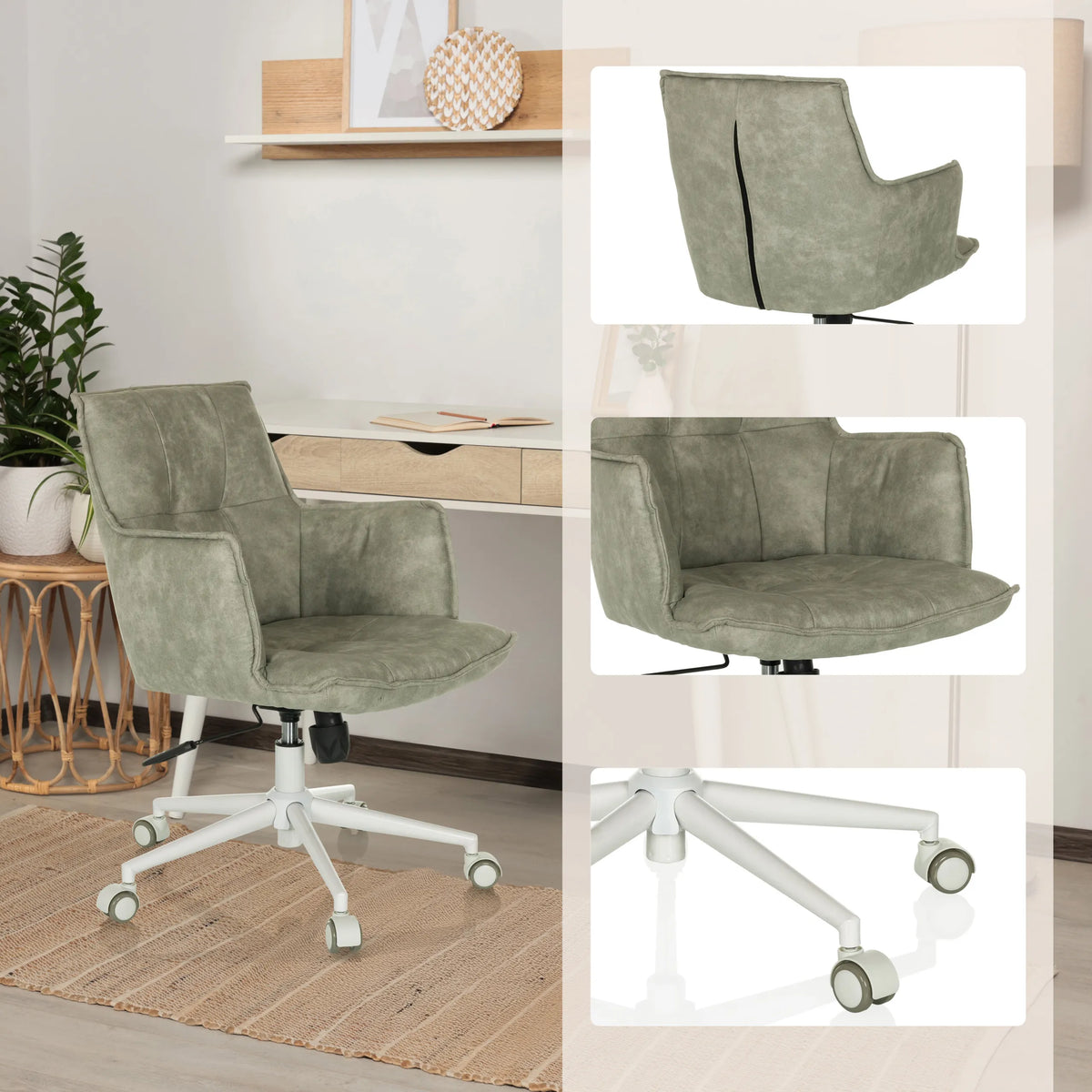 Grå Home Office kontorstol SOLAO LIFE W med detaljevisninger af polstring og hvidt fodkryds med hjul fra hjh LIVING