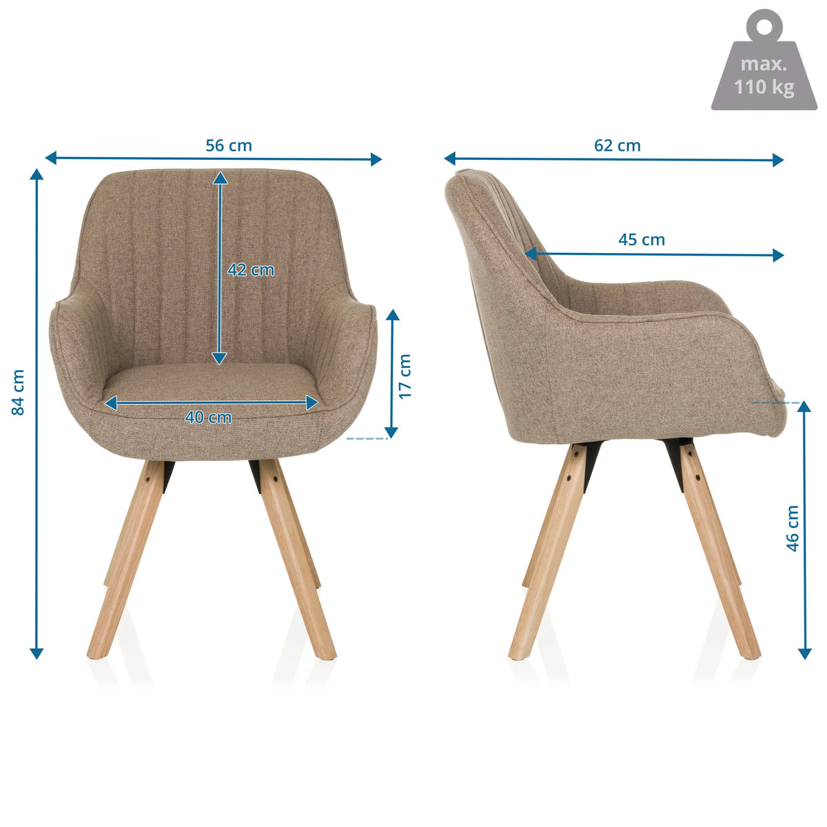 Måltegning af den Polstret stol SCANDI SOFT med en højde på 84 cm og bredde på 56 cm fra hjh LIVING