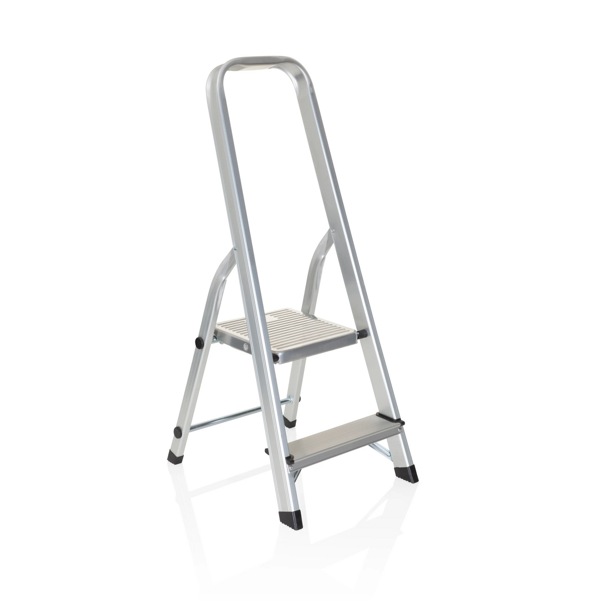Silberne Klappleiter SOLID I aus Aluminium mit zwei Stufen und Handgriff von hjh OFFICE – 360-Grad-Ansicht (schräge Frontansicht 40°)