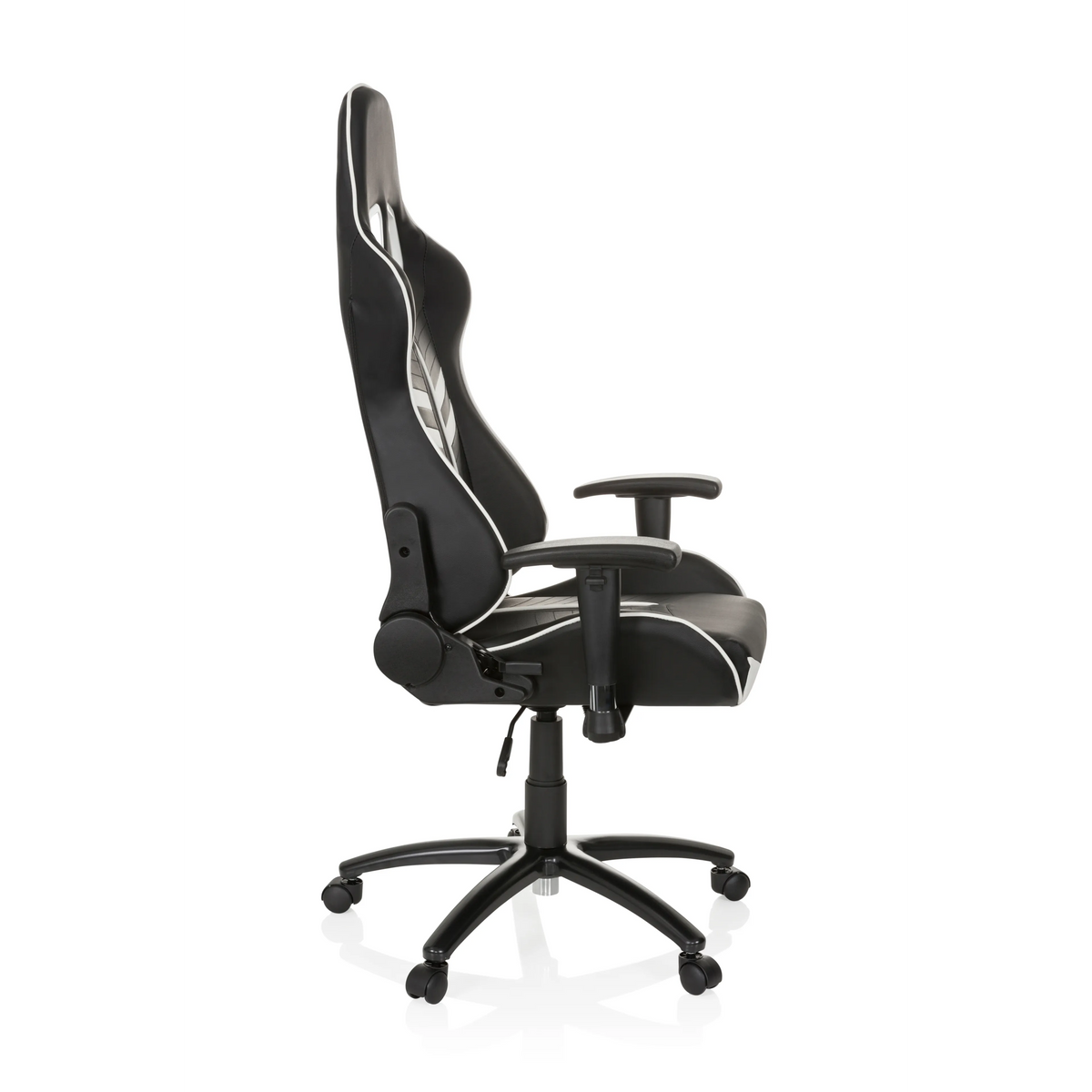 Schwarz-weißer Gamingstuhl LEAGUE PRO mit Kopfstütze und Fußkreuz mit fünf Rollen von hjh OFFICE – 360-Grad-Ansicht (Seitenprofil 80°)