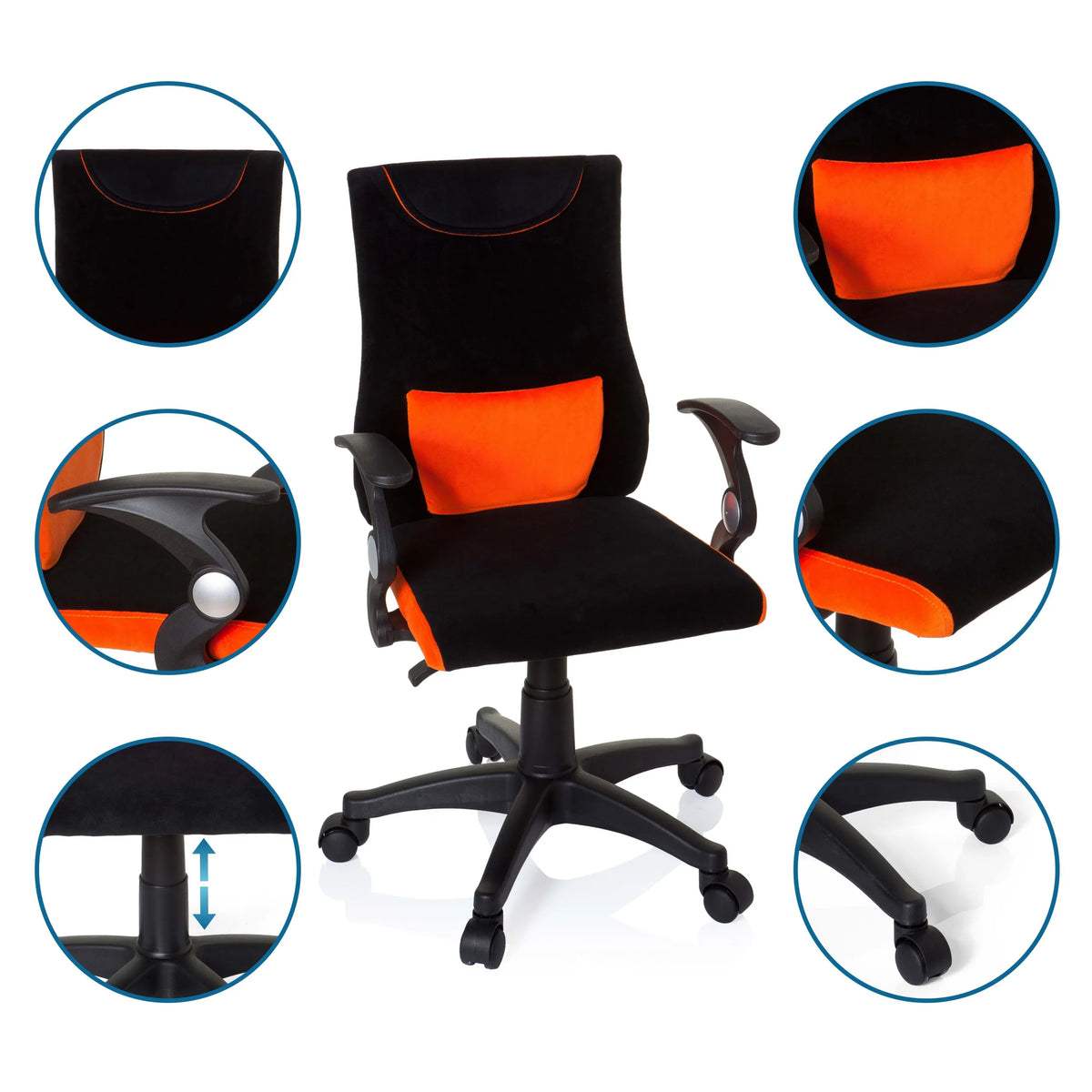 Snurrestol for børn KIDDY PRO AL i sort-orange med detaljevisninger af armlæn og stjernefod fra hjh OFFICE
