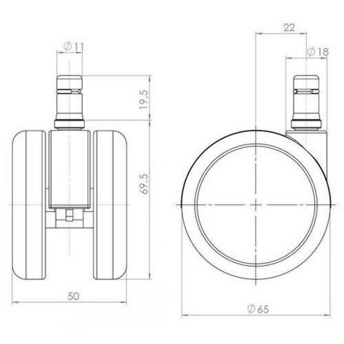 Teknisk tegning af Stolehjul 5x ROLO LUX 11mm/65mm med en diameter på 65 mm fra hjh OFFICE