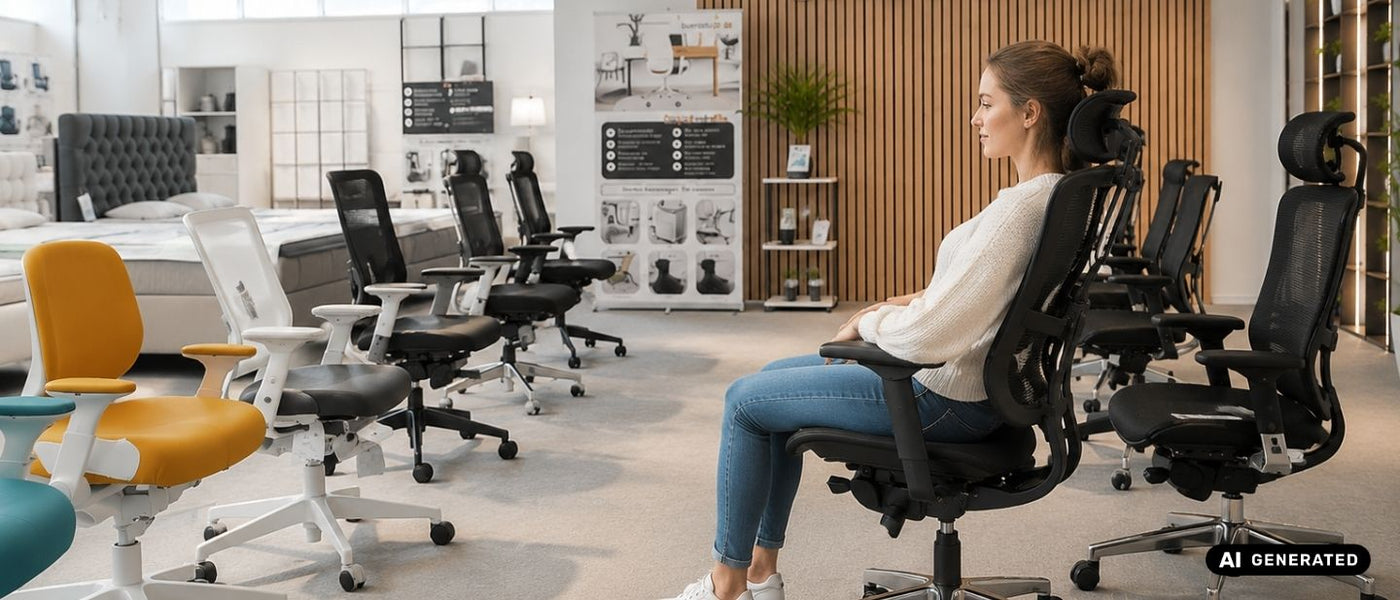 Frau sitzt auf schwarzem Bürostuhl in einem Showroom.