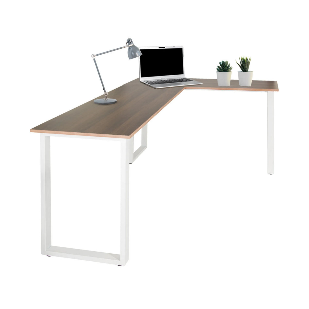 Hjørneskrivebord WORKSPACE BASIC I i valnød-look med hvidt understel fra hjh OFFICE