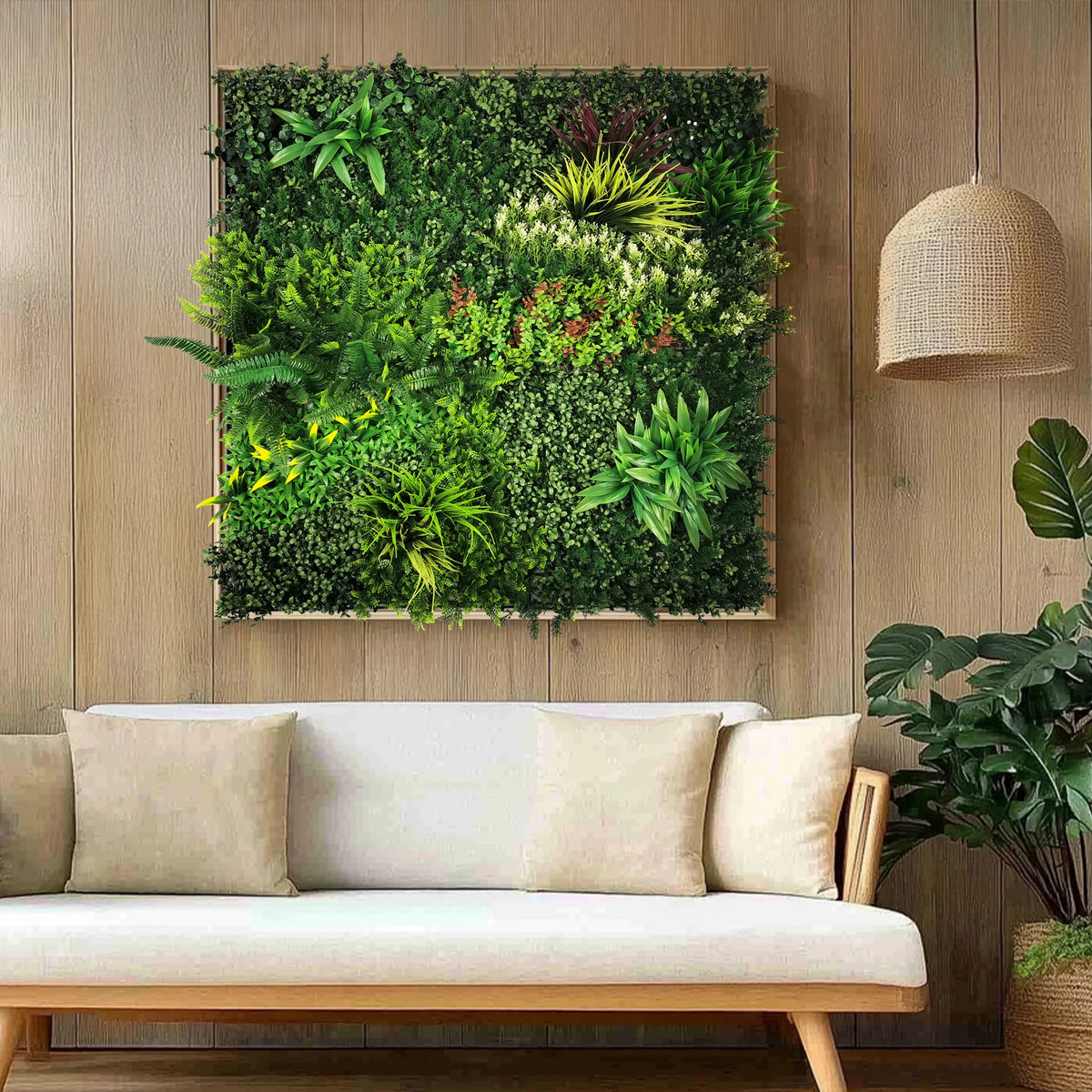 Grøn Plantemåtte LEAFLUXE 3D med forskellige kunstplanter i en træramme fra hjh LIVING