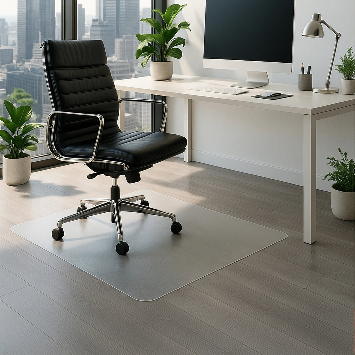 Mælkehvid FORTIFLEX gulvbeskyttelsesmåtte til hårde gulve, 120 × 90 cm, under en kontorstol fra hjh OFFICE
